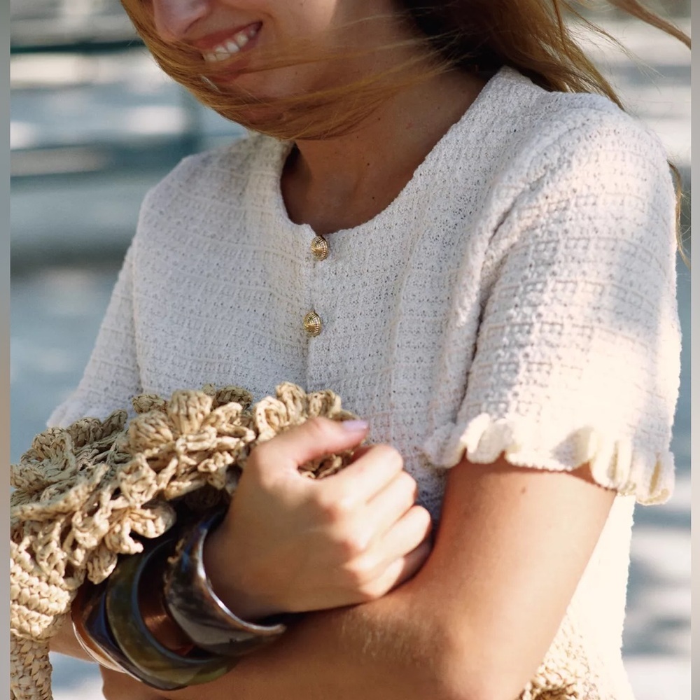 Zara Cream Textured Short Sleeve Top cardigan sweater